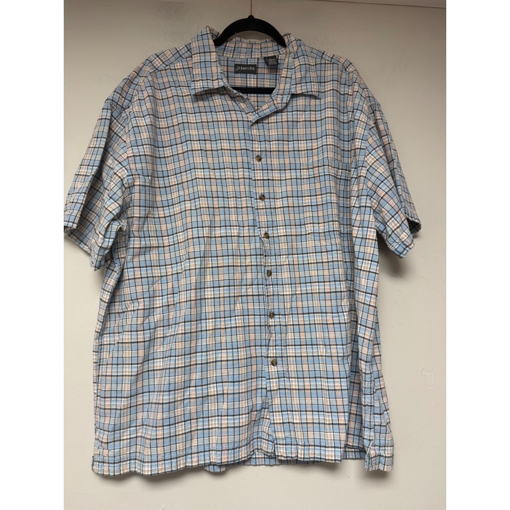 ST‎ JOHNS BAY Mens 2X Plaid Short Sleeve Button Down Shirt Blue Tan Casual